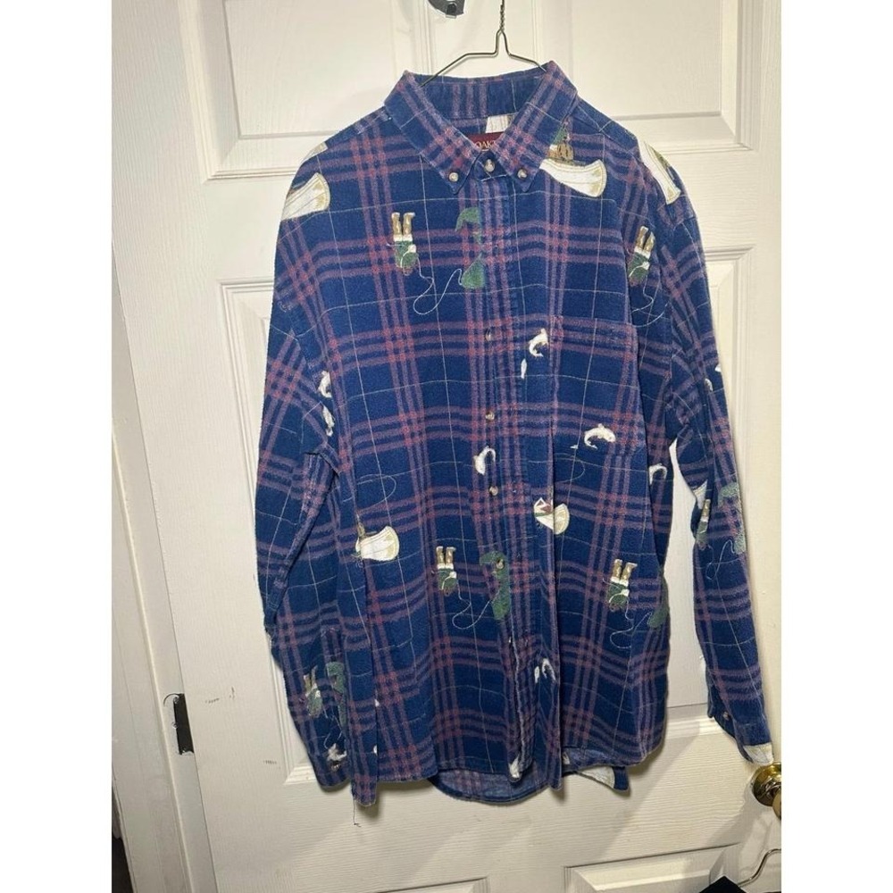 VINTAGE Oakton Limited Plaid Fishing Print Flannel Long Sleeve Button Shirt XL